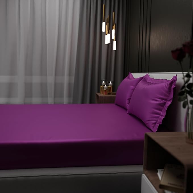 Stoa Paris Satin Elastic Fitted Bedsheets 300TC Premium Fitted Sheet 2 Pillow Covers Colour Plum