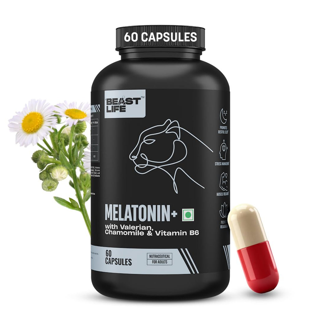 BeastLife Melatonin Plus 5mg Capsules with Valerian, Chamomile & Vitamin B6 | Sleep Support Supplement for Deep Sleep, Natural Sleeping Aid, Non-Habit Forming Night Rest Formula | Relieves Stress & Anxiety | Enhances Relaxation & Focus | 60 Capsules