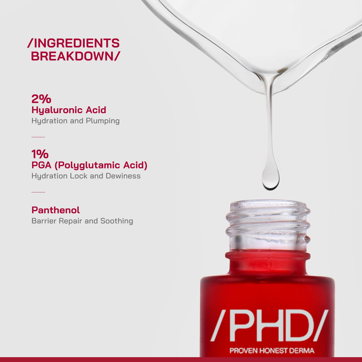 /PHD/ 2% Hyaluronic Acid Dewy Skin Serum | Hyaluronic Acid Face Serum for Dehydrated, Dull & Dry Skin | Hydrating Face Serum with PGA & Panthenol | Deep Hydration & Dewy Finish | Lightweight | 30ml