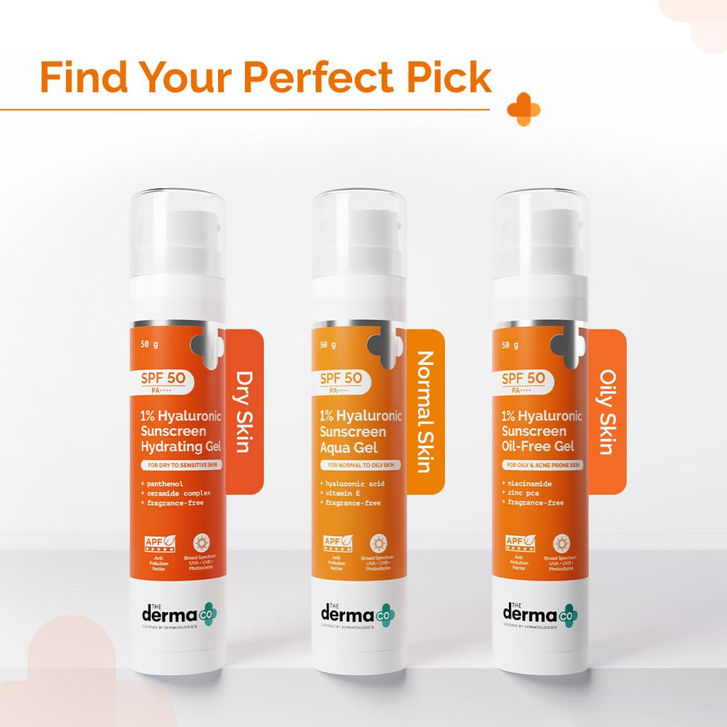 The Derma Co 1% Hyaluronic Sunscreen Aqua Gel SPF 50 PA++++ | Hyaluronic Acid for Deep, Long Lasting Hydration | Ultra Lightweight Texture I Non-Greasy, No White Cast | Broad Spectrum Protection & Blue Light Protection| 50 g