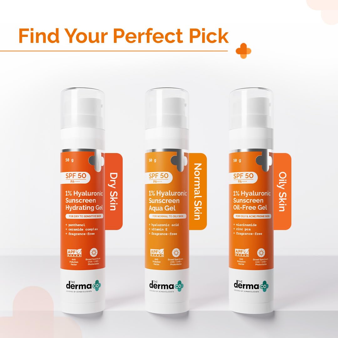 The Derma Co 1% Hyaluronic Sunscreen Aqua Gel SPF 50 PA++++ | Hyaluronic Acid for Deep, Long Lasting Hydration | Ultra Lightweight Texture I Non-Greasy, No White Cast | Broad Spectrum Protection & Blue Light Protection| 50 g