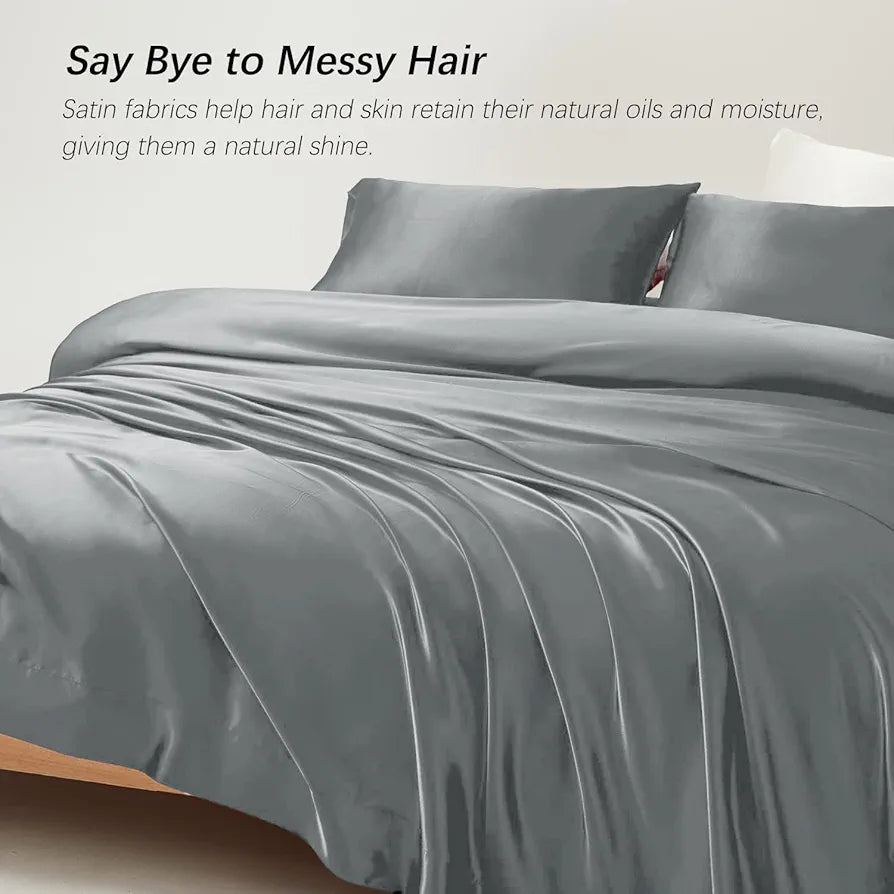 Cloth Fusion Satin Bedsheet for Queen Size Bed Set of 1 Satin Sheet 2 Pillow Covers Silver