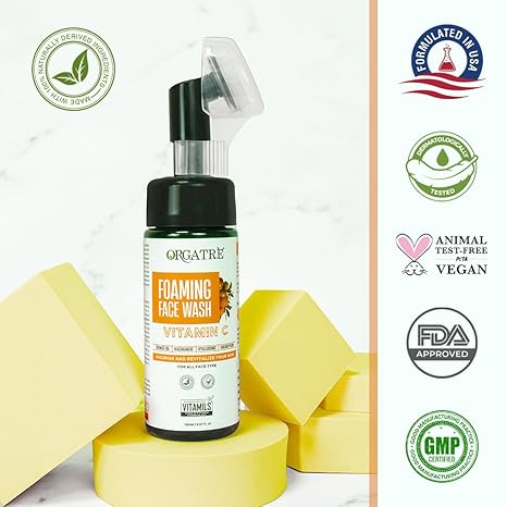 Orgatre Vitamin C Foaming Face Wash with Built-in Silicon Brush For Women & Men - 150 ml