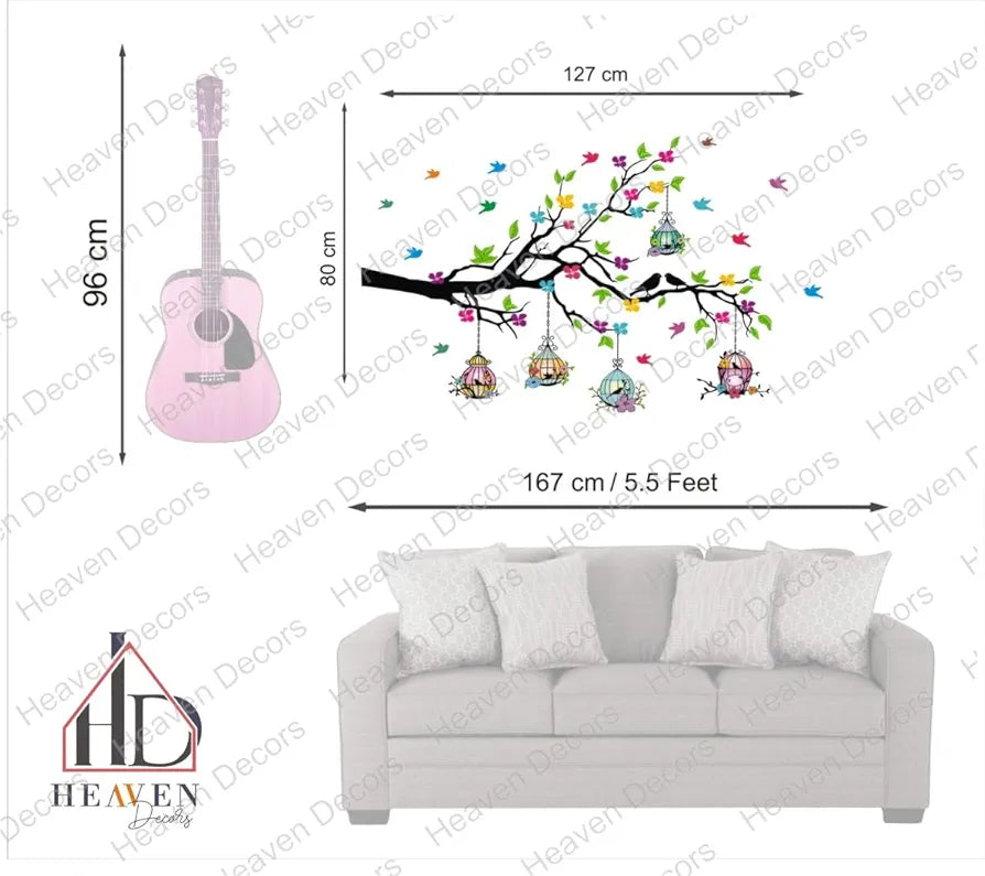 Heaven Decors Vinyl Self-Adhesive Natural Tree with Birdcage & Birds Flying Wall Sticker,Multicolour