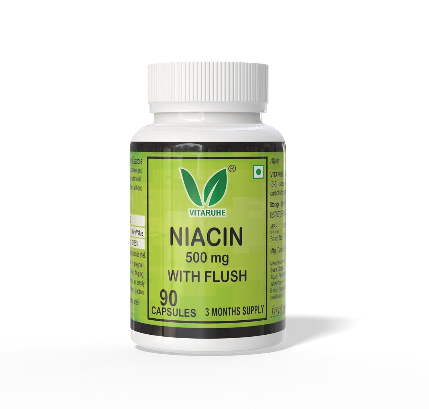 VITARUHE® Vitamin B3 Niacin (Nicotinic Acid) 90 Capsules - with Flush, Non-GMO, Gluten Free