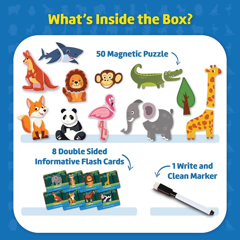 Funtad Magnetic Fun Art Puzzle Animals 4-in-1 Travel Friendly Educational Toy with Writable Board 50 Magnetic Pieces Birthday Gift for Boys & Girls Age 3,4,5 & 6 yrs