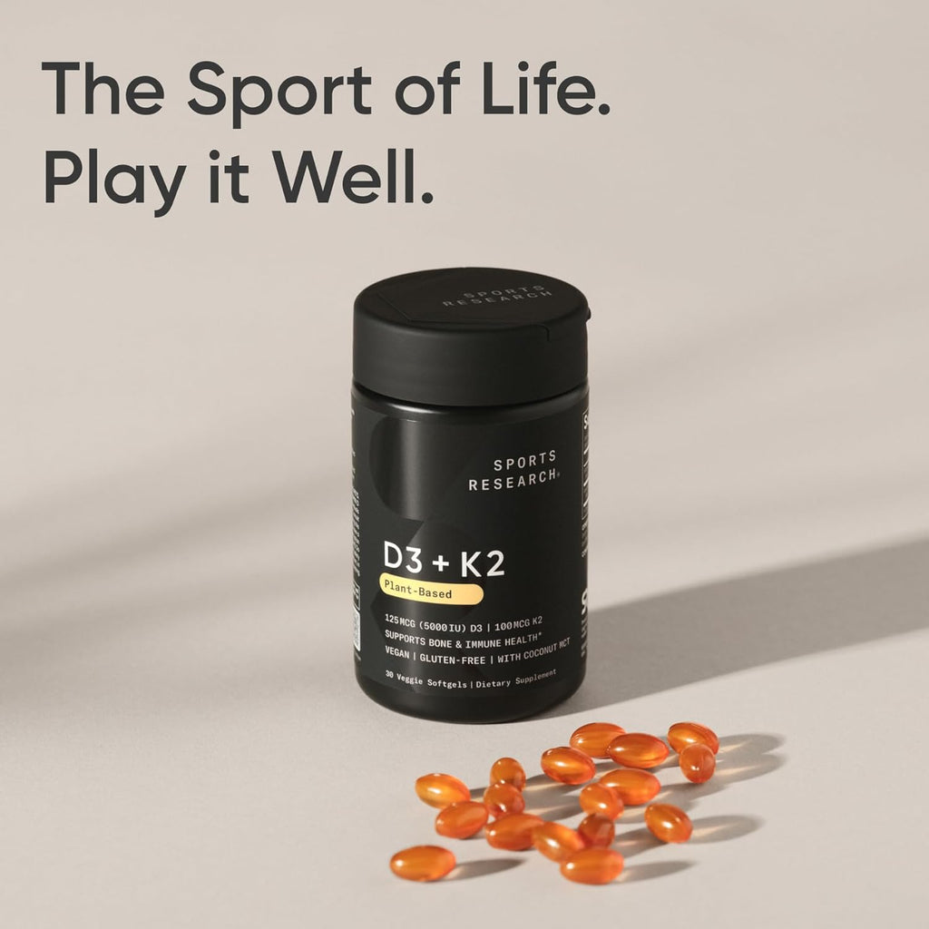 Sports ResearchÂ® Vitamin D3 + K2 w/Coconut Oil - Vegan Vitamin D 5000iu (125mcg) & Mk7 Vitamin K 100mcg for Bone & Immune Support - Vegan Certified Â· Non-GMO Â· Soy Free - 30 Softgels