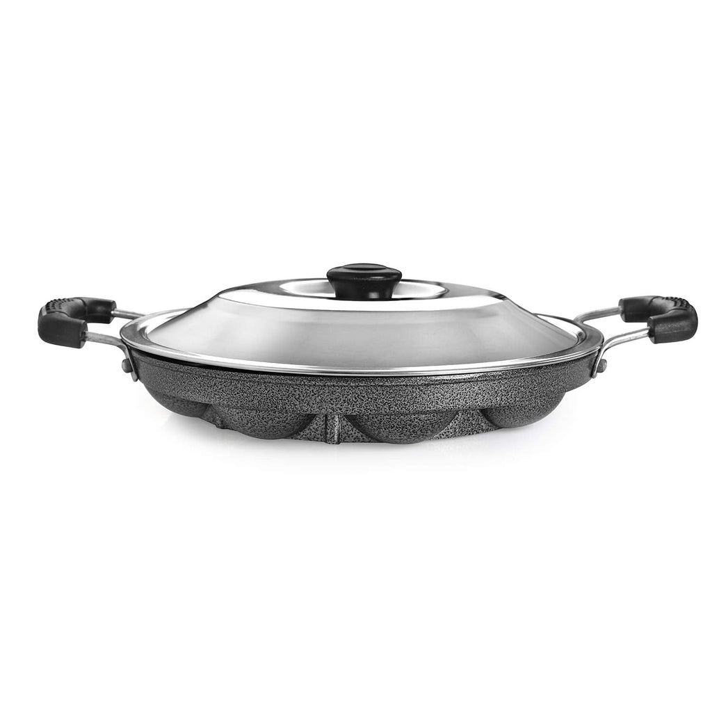 Cello Non-Stick 12 Cavity Grill Appam Patra 2 Side Handle with Stainless Steel Lid | Appam Maker