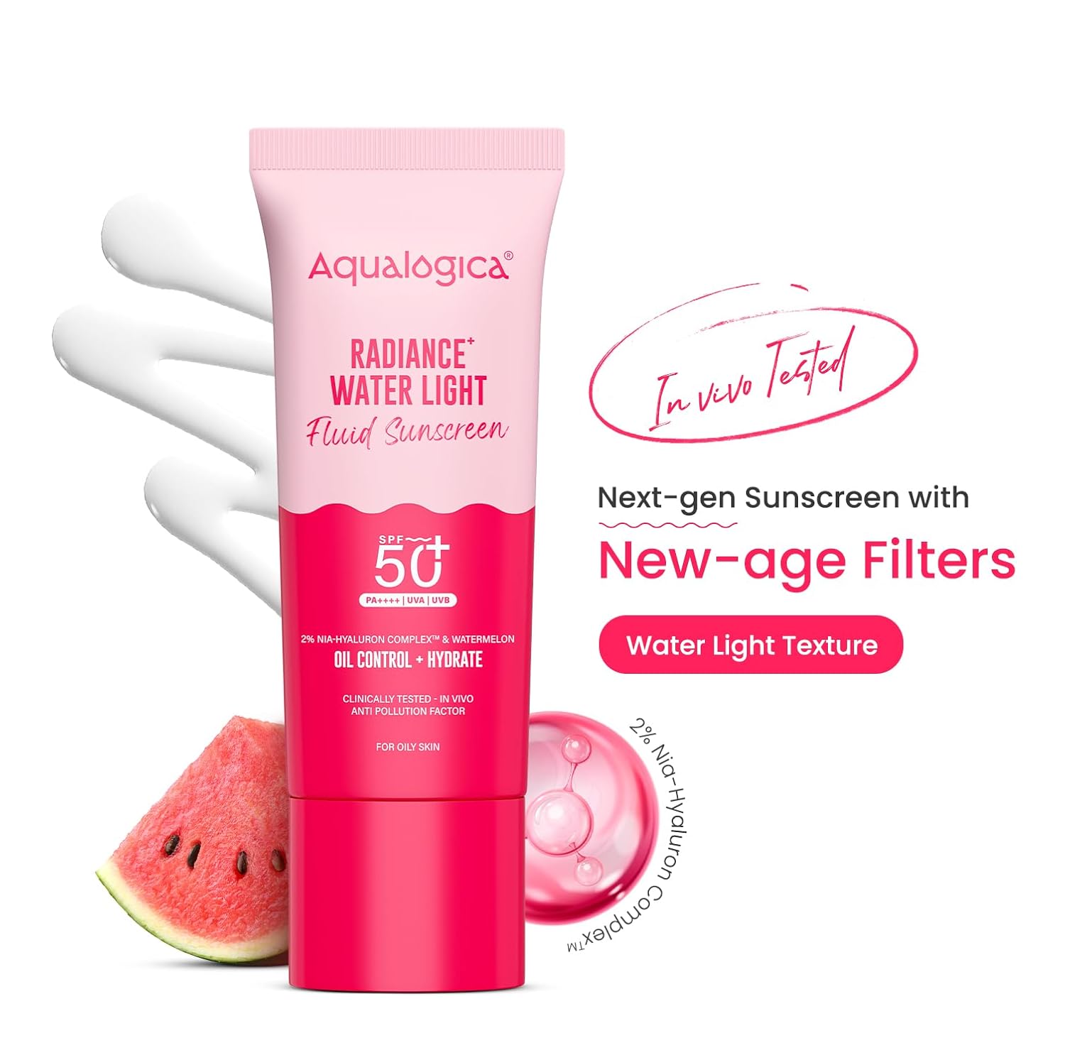 Aqualogica Radiance+ Water Light Fluid Sunscreen SPF 50+ PA++++, 50g | 2% Nia-Hyaluron Complex | Broad Spectrum UVA/UVB & Blue Light Protection | Ultra-Light Fluid | Fragrance-Free | No White Cast | Lightweight | For Men & Women
