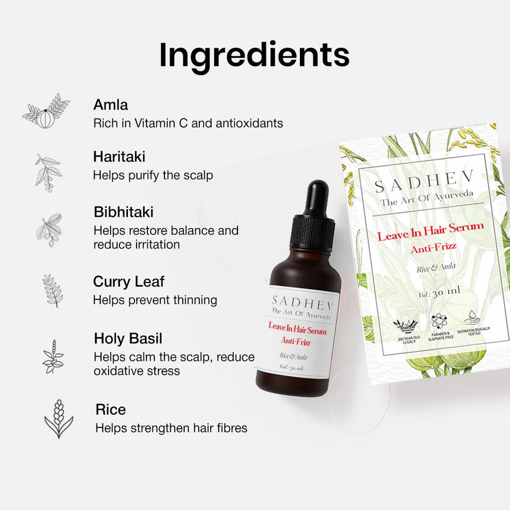 SADHEV Ayurvedic Anti-Frizz Leave-In Hair Serum | Frizz-Free, Smooth & Manageable Hair | Powered by Rice & Amla with Haritaki, Curry Leaf & Tulsi | For Dry & Frizzy Hair | Lightweight, Non-Sticky | For Men & Women | 30ml