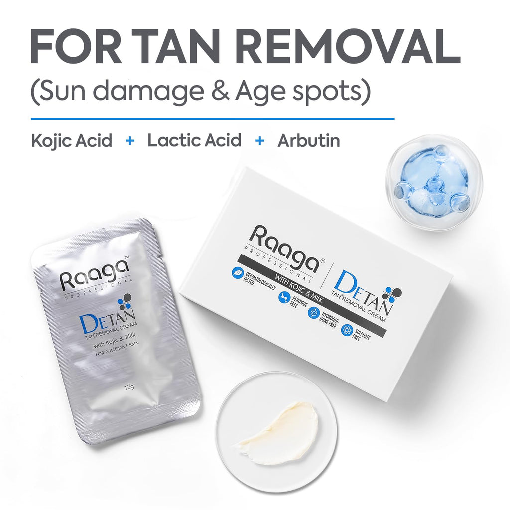 Raaga Professional DeTan Tan Removal Cream | Kojic & Milk | Reduces Tan, Dark Spots & Dullness | Dermatologically Tested, Peroxide & Sulphate Free - 72 g (12 g Ã— 6)