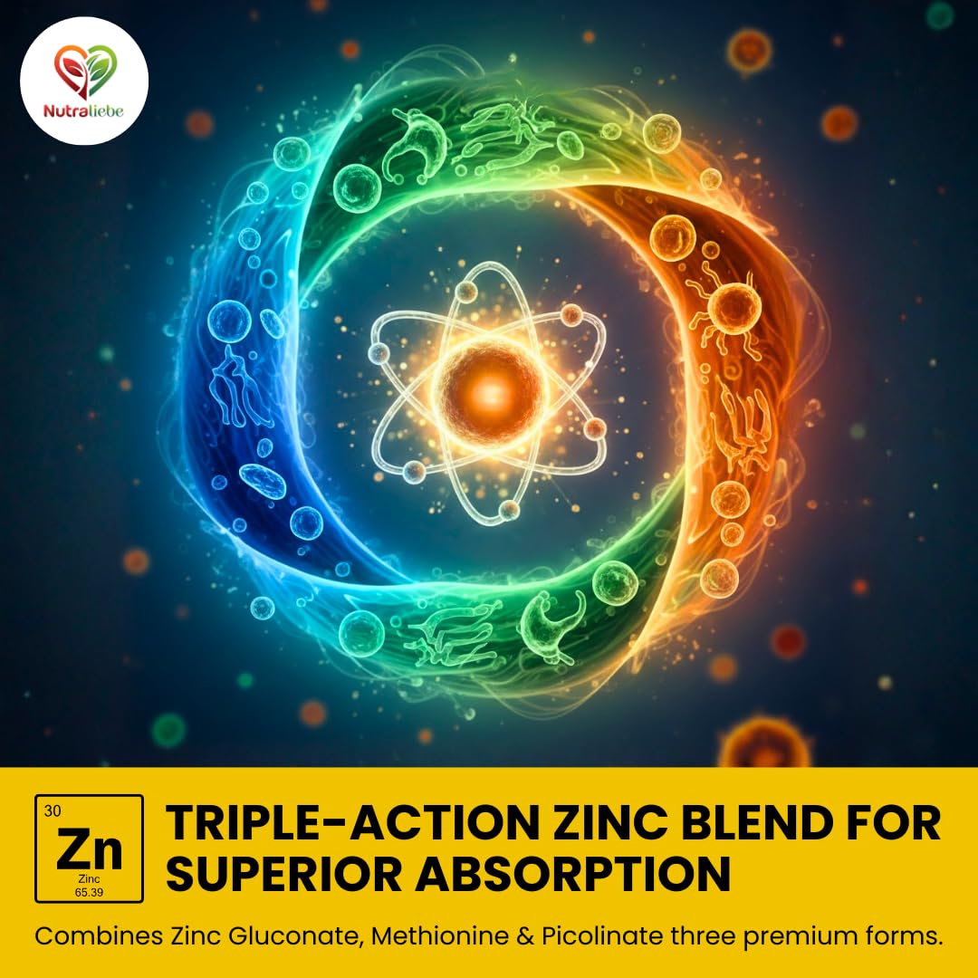 Nutraliebe Zinc Complex with Copper – High Absorption Zinc Gluconate, Methionine & Picolinate – Balanced Mineral Support for Immune Health, Skin, Hair & Cellular Function – 90 Vegetarian Capsules