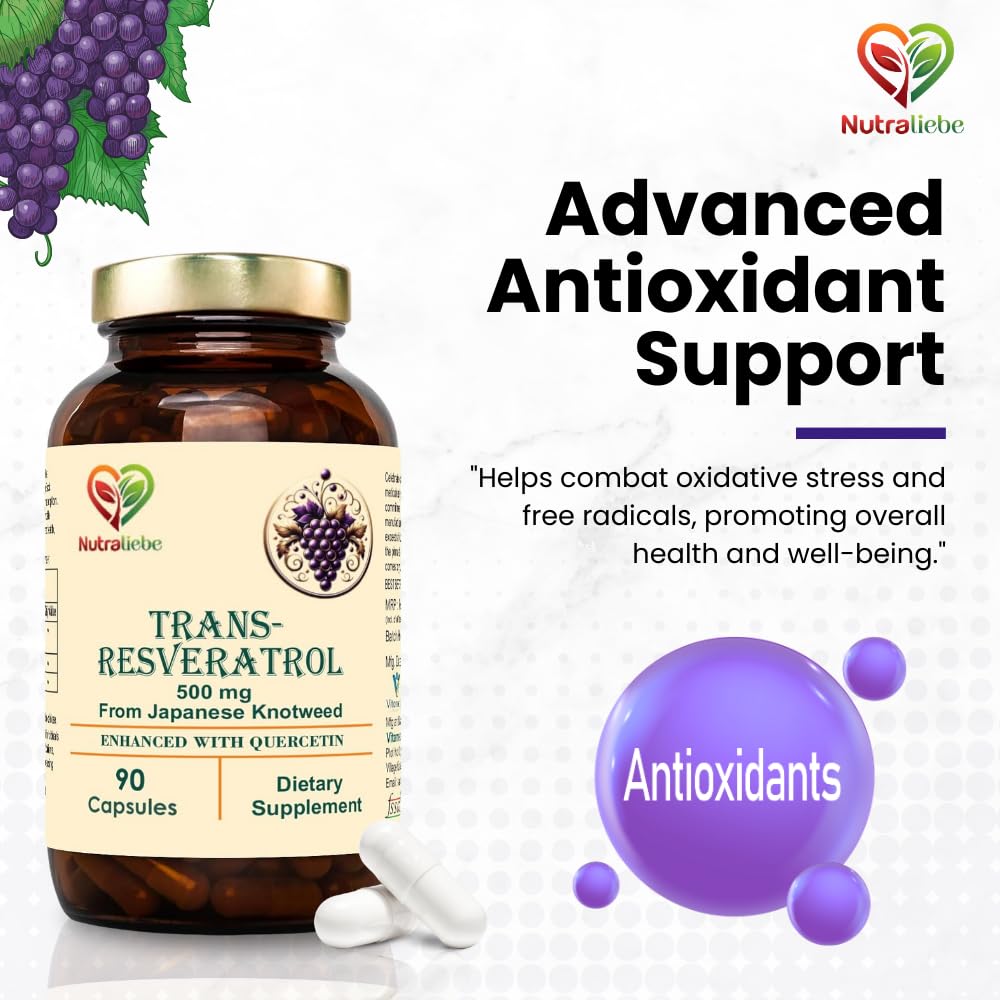 Nutraliebe Trans-Resveratrol 500mg with Quercetin & Black Pepper - Advanced Antioxidant Support from Japanese Knotweed, 90 Capsules