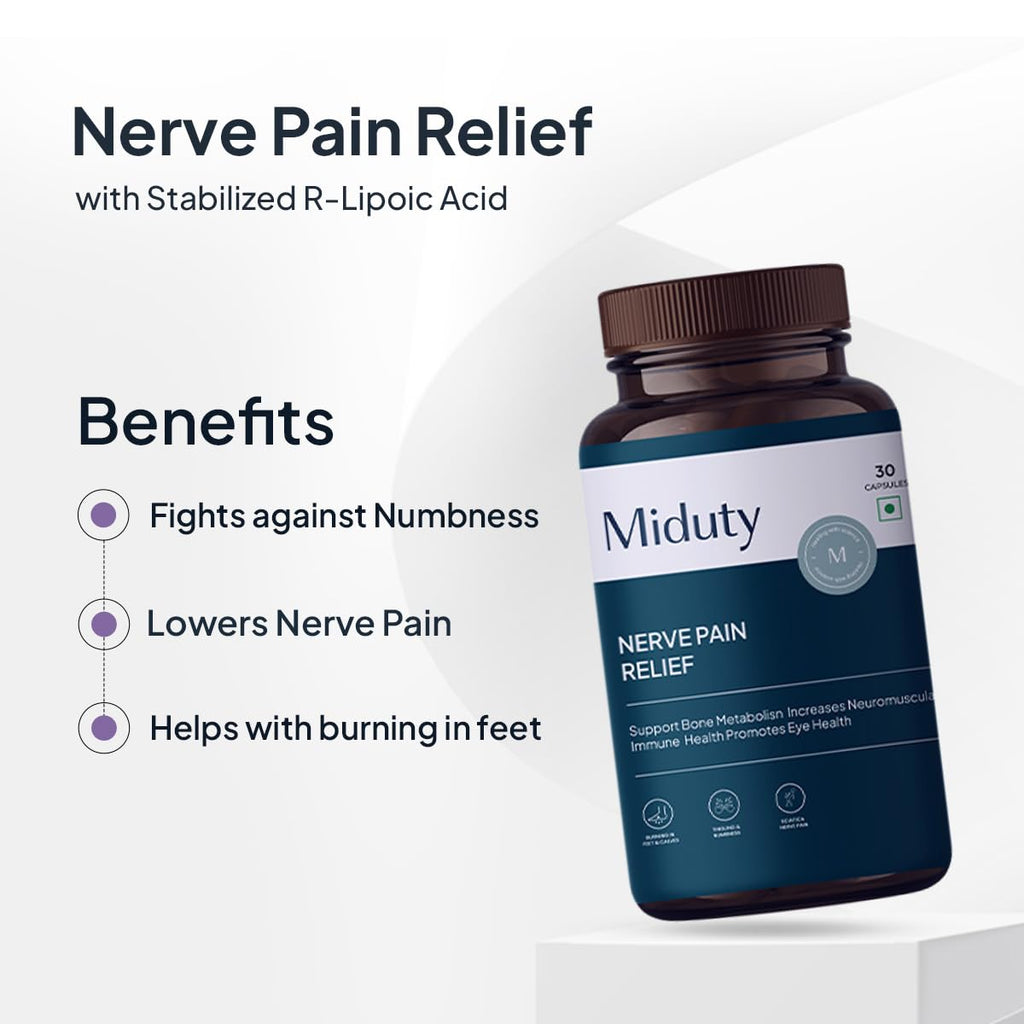 Miduty by Palak Notes Nerve Pain Relief Nerve Damage for Nerve Blocks, Acetyl L-Carnitine, R-Lipoic Acid, Horse Chestnut, Combats Sciatica Pain & Tingling Sensation, Nerve Pain Relief Pack - 30 Caps