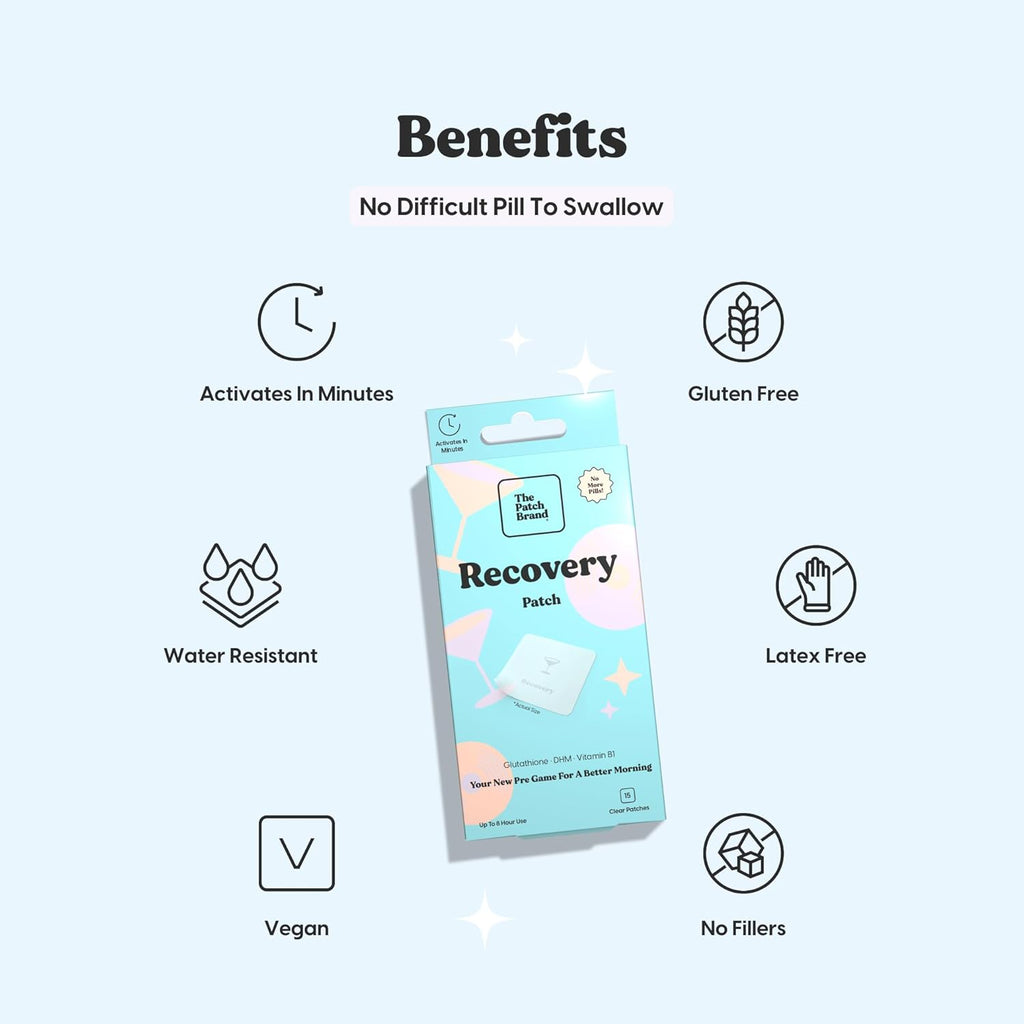 The Patch Brand Recovery Patches | Supports Morning After with Vitamin B1, DHM, Glutathione | Party & Travel Must Haves | Long Lasting Water Resistant Patches (Pack of 1)