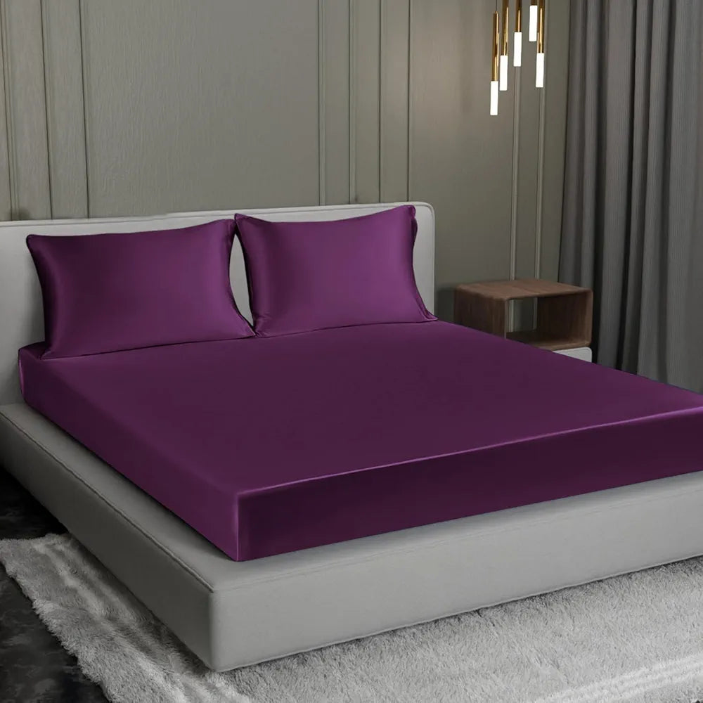 Cloth Fusion Satin Elastic Fitted Bedsheets Double Bed Luxury Queen Size with 2 Pillow Covers Wine