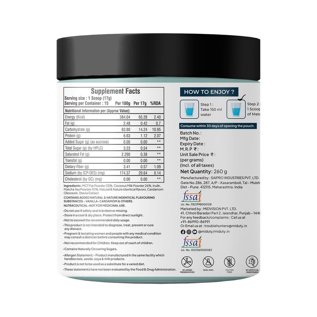 Miduty by Palak Notes Matcha Tea - Detoxifying Drink, Fat Burner - Energy Booster, Weight Management - Promote Anti Aging & Gut Health, MCT Fat - L-Theanine With Coconut Milk - Vanilla flavour - 260g