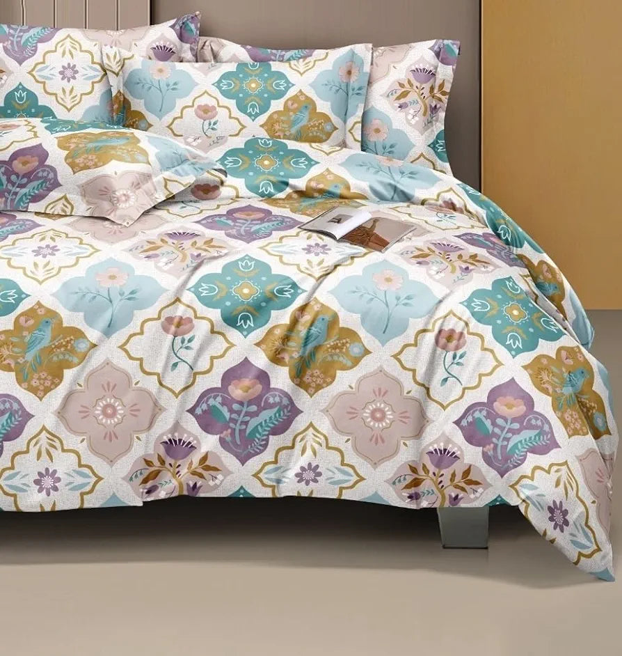 The Home Style Cotton Feel Glace Cotton Elastic Fitted All Around Printed Queen Size Double Bed Bedsheet Wih 2 Pillow Cover Vanilla Haze