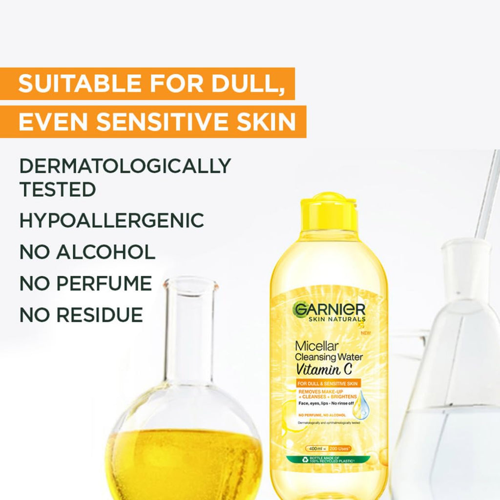 Garnier Vitamin C Micellar Cleansing Water For Dull Skin | Make-Up Remover & Cleanser - Removes makeup, dirt & impurities & Brightens Skin | Just Pour, Press & Swipe | 125ml