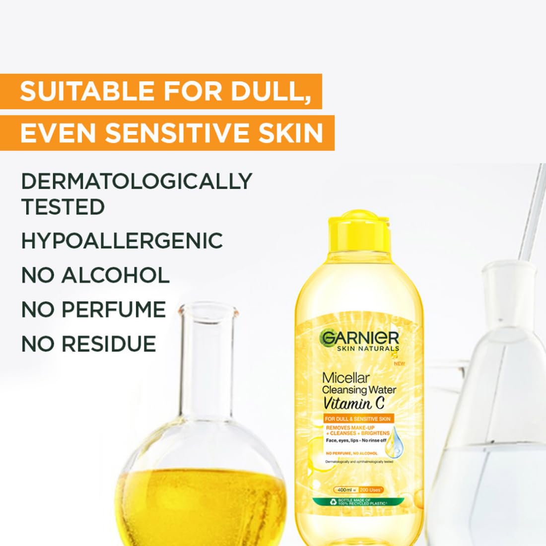 Garnier Vitamin C Micellar Cleansing Water For Dull Skin | Make-Up Remover & Cleanser - Removes makeup, dirt & impurities & Brightens Skin | Just Pour, Press & Swipe | 125ml