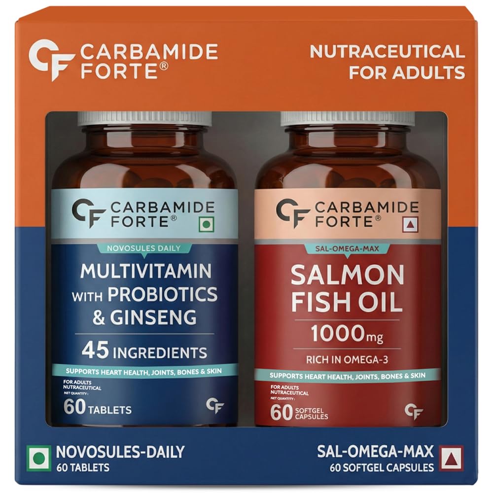 Carbamide Forte Multivitamin Tablet for Men with Probiotics & Salmon Omega 3 fish Oil Capsules | Salmon Fish Oil Omega 3 Capsule 1000mg and Multivitamin Tablets Combo | 60 Tablets + 60 Softgels