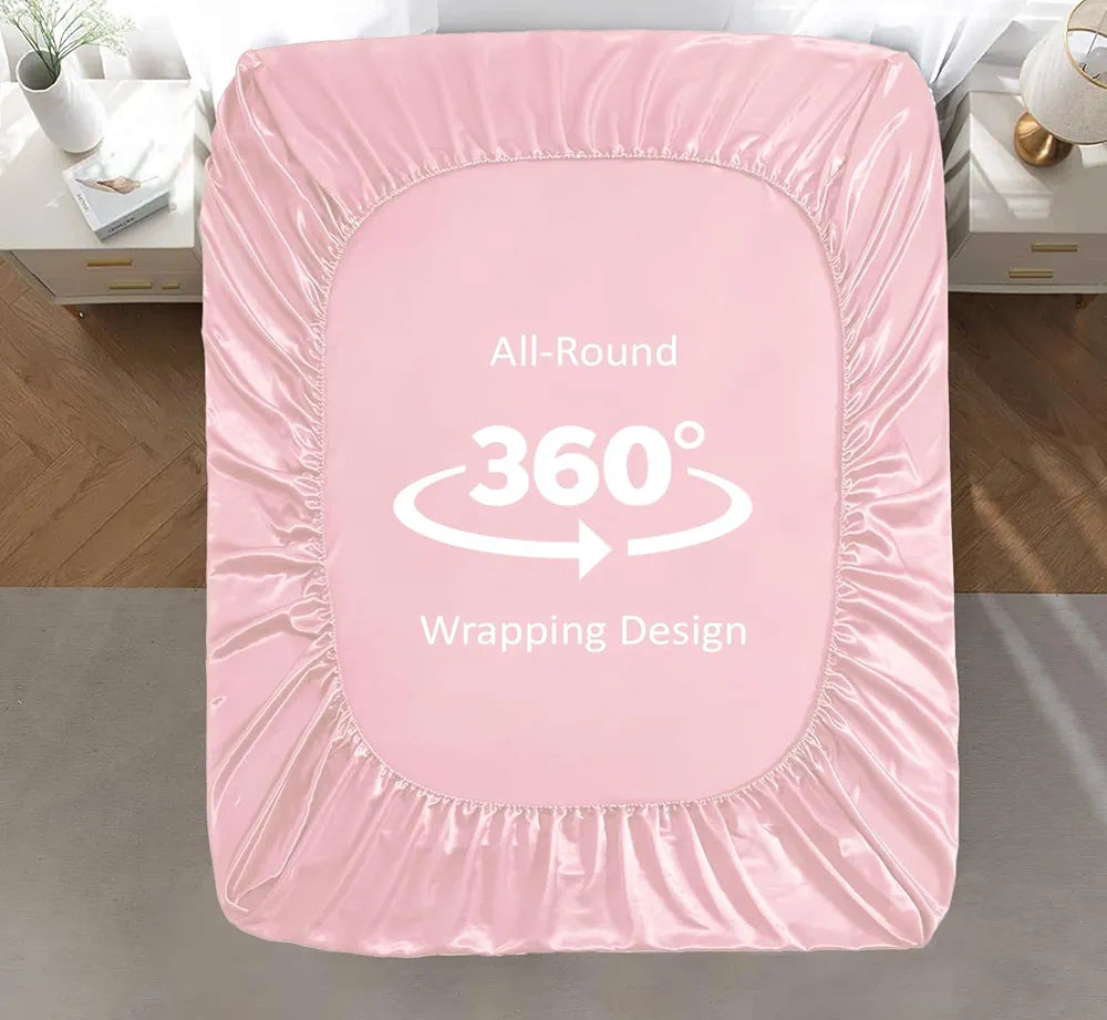 Cloth Fusion Satin Elastic Fitted Bedsheets Double Bed Luxury Queen Size Bed Sheet with 2 Pillow Covers Baby Pink