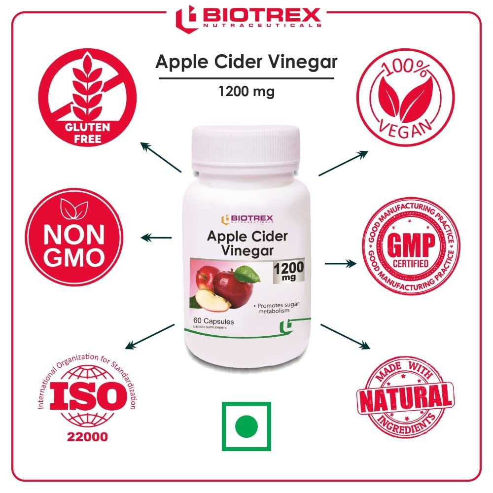 Biotrex Apple Cider Vinegar Capsules 1200mg â€“ Organic Supplement for Weight Management, Detox & Digestive Support â€“ Apple Cider Vinegar Capsule for Wellness â€“ 60 Apple Vinegar Capsules