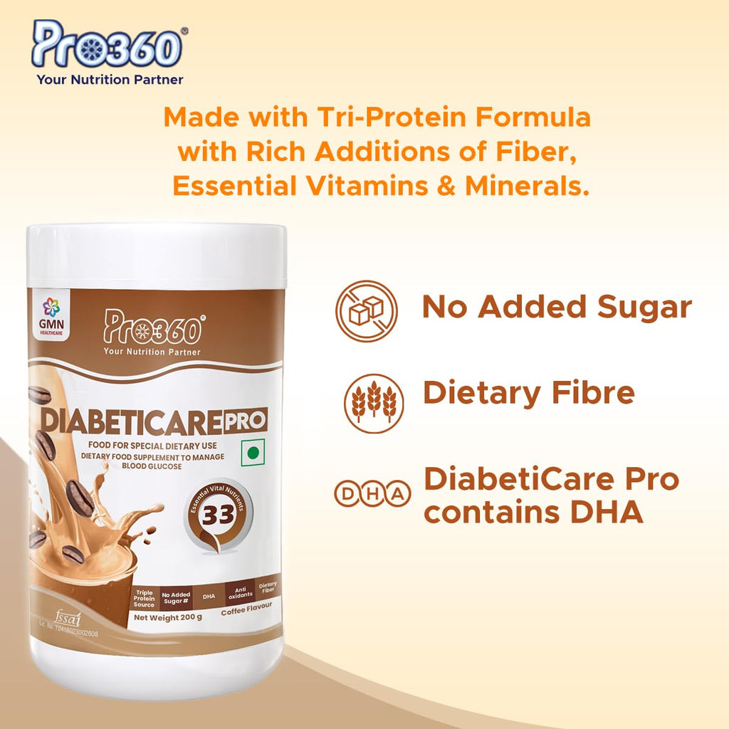 Pro360 Diabeticare Pro Protein Powder for Diabetic Nutrition Supplement for Diabetes Care Helps in Managing Glucose Levels - Zero Added Sugar - Coffee Flavour 200gm