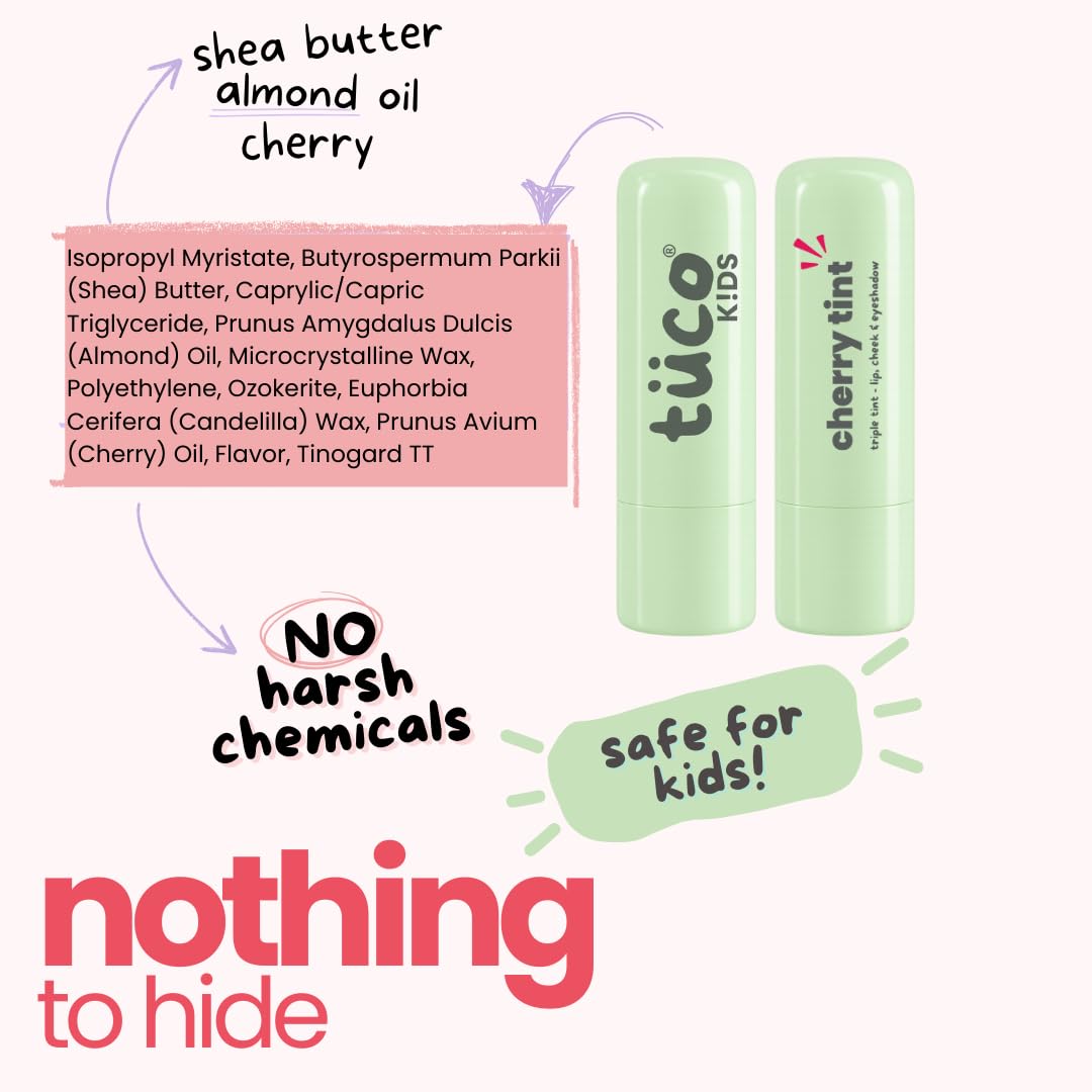 TucoÂ® Kids Lip Balm Tint | Lip, Cheek & Eyeshadow | Ages 3-15 Years | Made with 100% Natural Oils & Waxes | Free from Mineral Oils, Synthetic Fragrance and Parabens (Cherry tint, 4.5g)