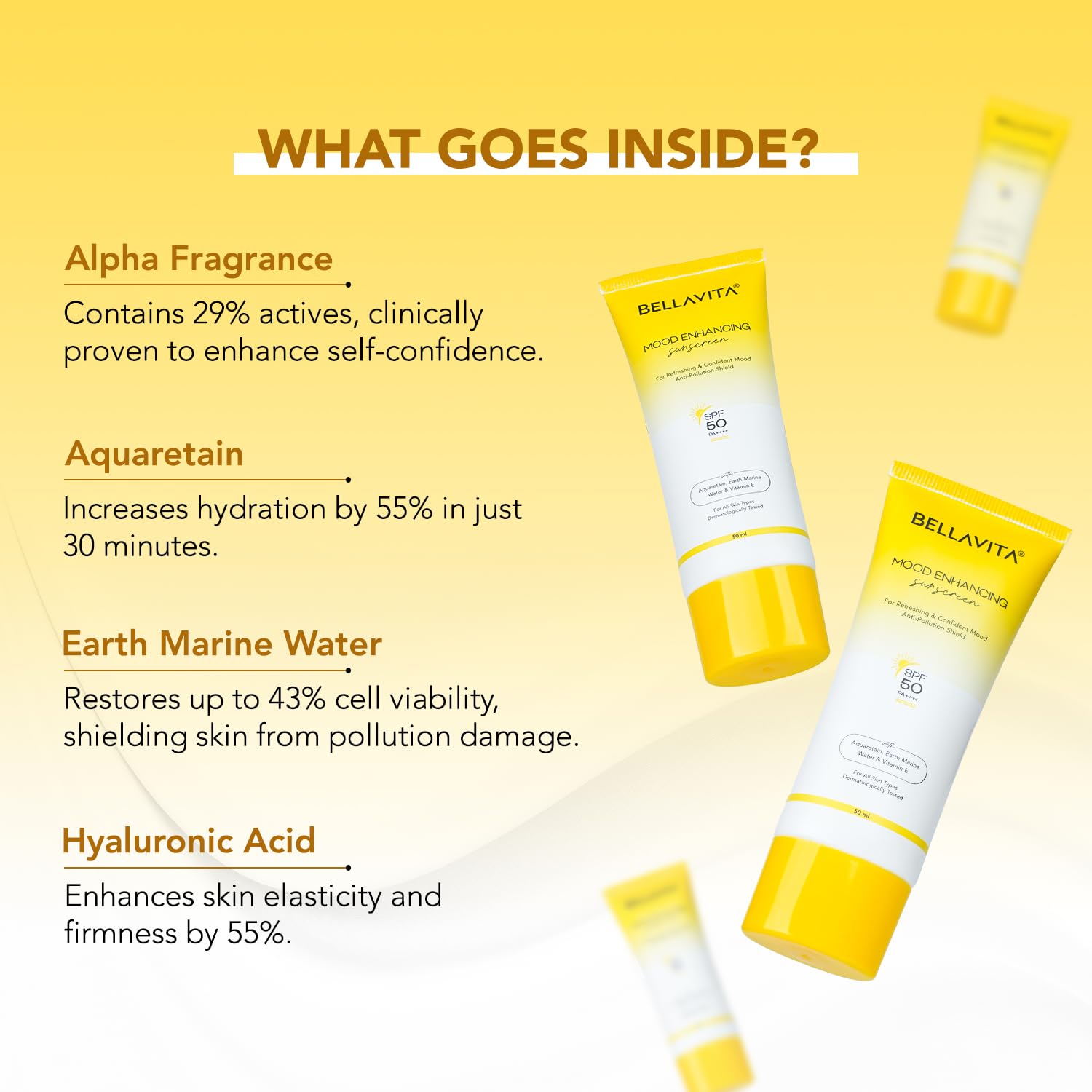 BELLAVITA Sunscreen SPF 50, Mood Enhancing Sunscreen, PA++++, Non-Greasy, No White Cast | Broad Spectrum & UVA+UVB Protection | For Men & Women- 50 ML