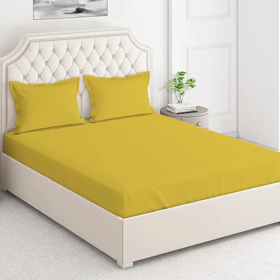 Layers Be Bold Cotton Elastic Fitted King Size Bedsheet for King Size Bed All Season Moisture Absorbent 140 TC Yellow
