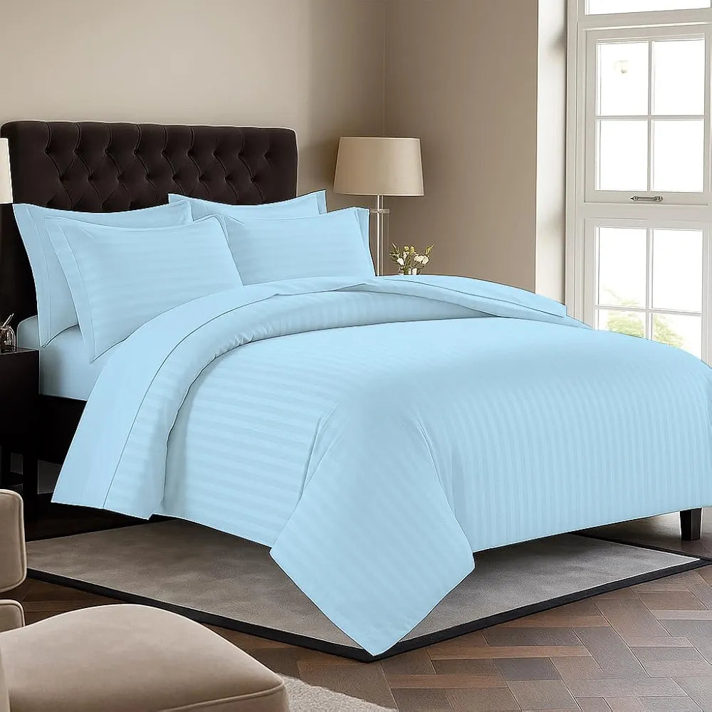 Trance Home Linen Zippered 100% Cotton 200 TC Satin Stripe Queen Duvet Cover Quilt Cover with 2 Pillow Covers Colour Sky Blue