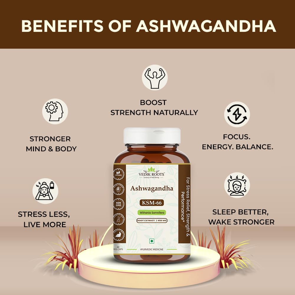 Ashwagandha KSM-66 Capsules-450mg | Lab Tested | Ashvagandha Tablet For Stress, Sleep Management & Anxiety Relief | Rejuvenates Mind & Body | 60 Veg aswagandha Capsules