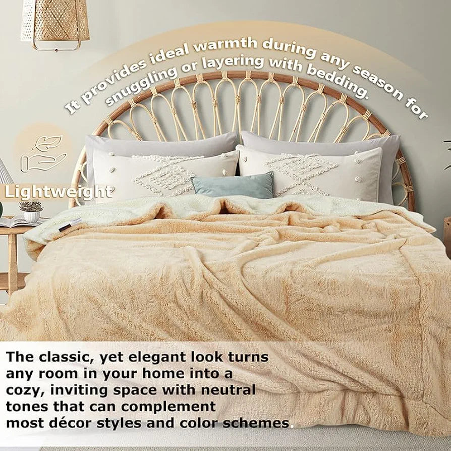 Homekart Faux Rabbit Fur with Sherpa Luxurious Soft Fluffy Cozy Fuzzy Warm Reversible Blanket for Single Size Bed Blanket Color Beige