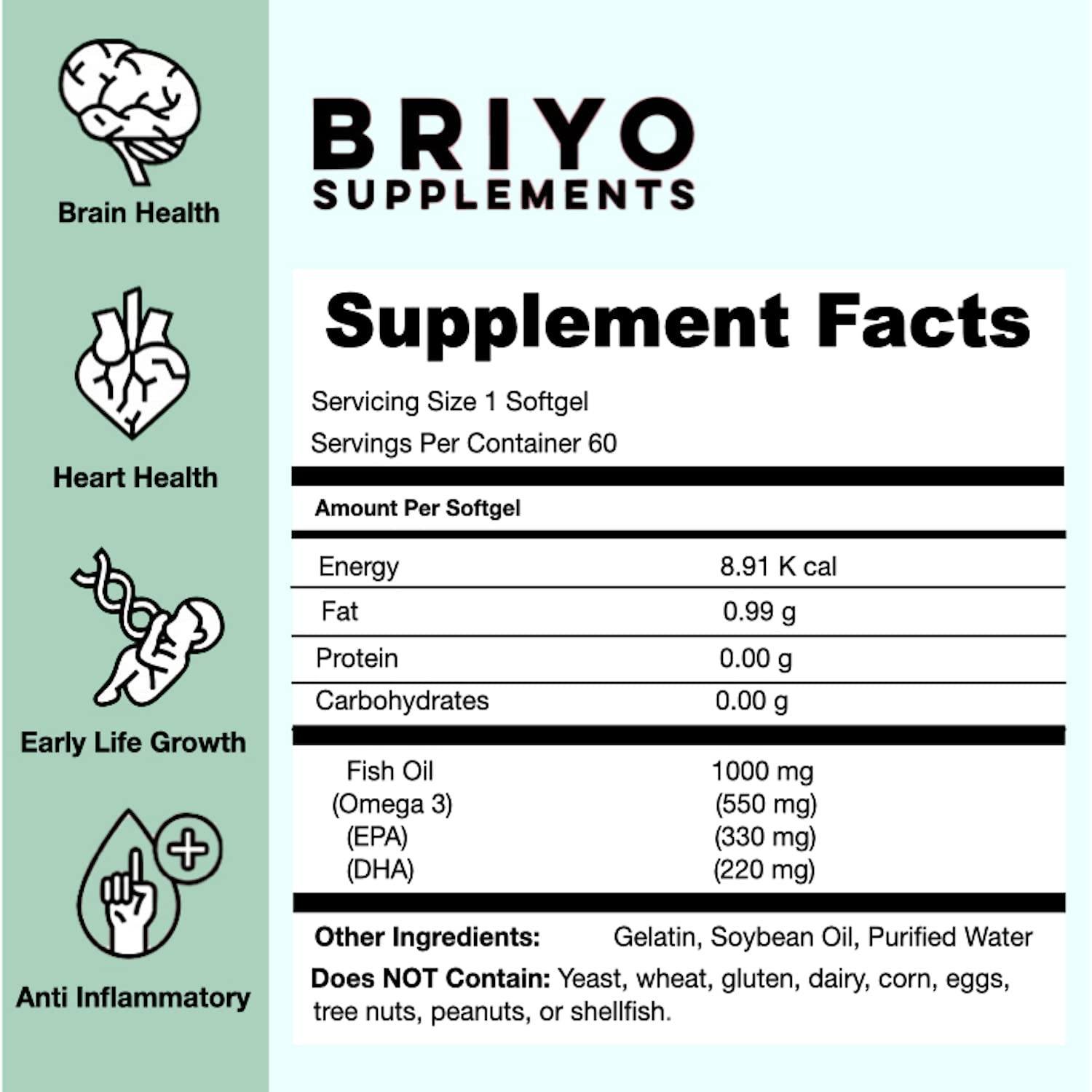 Briyosis Fish Oil 1000 mg (550 mg Omega 3) - 330 mg EPA & 220 mg DHA Per Softgel For Heart and Brain Health