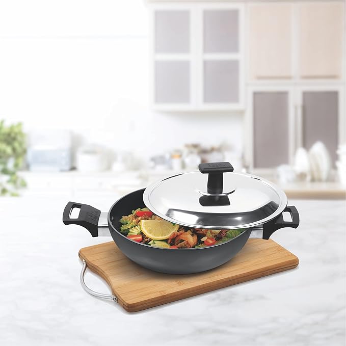 Milton Pro Cook Hard Anodized Kadhai With Stainless Steel Lid, 24 Cm / 2.8 Litre - 1255 gms