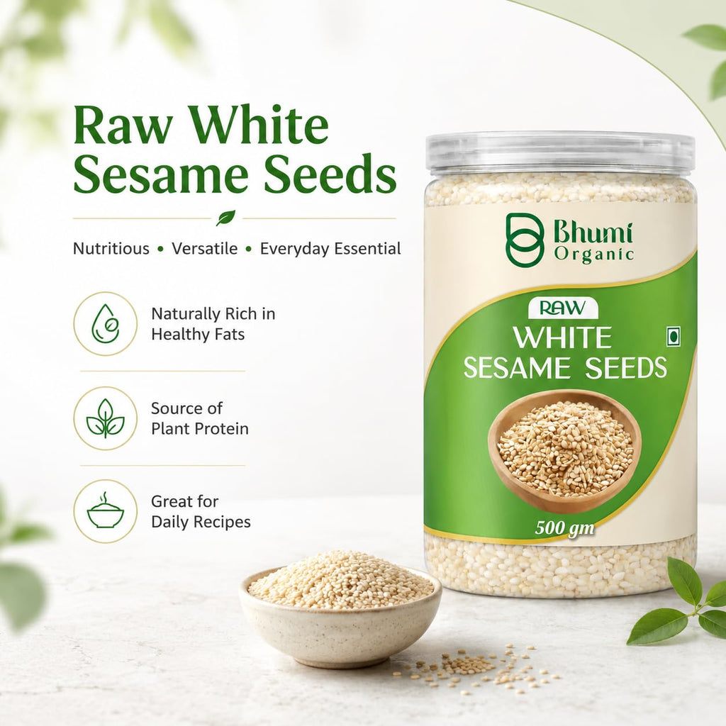 Bhumi Organic Raw White Sesame Seeds 500gm | 100% Clean and Natural White Til, Safed Til Seeds for Eating, Non-GMO, Antioxidant Rich