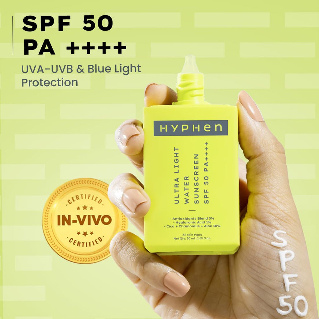 Hyphen 1% Hyaluronic Ultra Light Water Sunscreen SPF 50 PA ++++ | In-Vivo certified | Broad Spectrum & Blue Light Protection | No White Cast | Contains 5% Antioxidants Niacinamide Vitamin E| Korean Sunscreen for Men & Women | 50ml