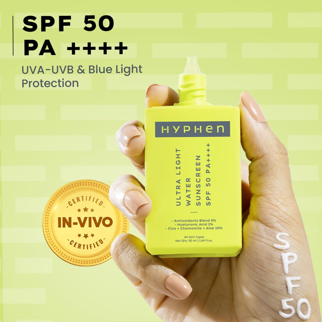 Hyphen 1% Hyaluronic Ultra Light Water Sunscreen SPF 50 PA ++++ | In-Vivo certified | Broad Spectrum & Blue Light Protection | No White Cast | Contains 5% Antioxidants Niacinamide Vitamin E| Korean Sunscreen for Men & Women | 50ml