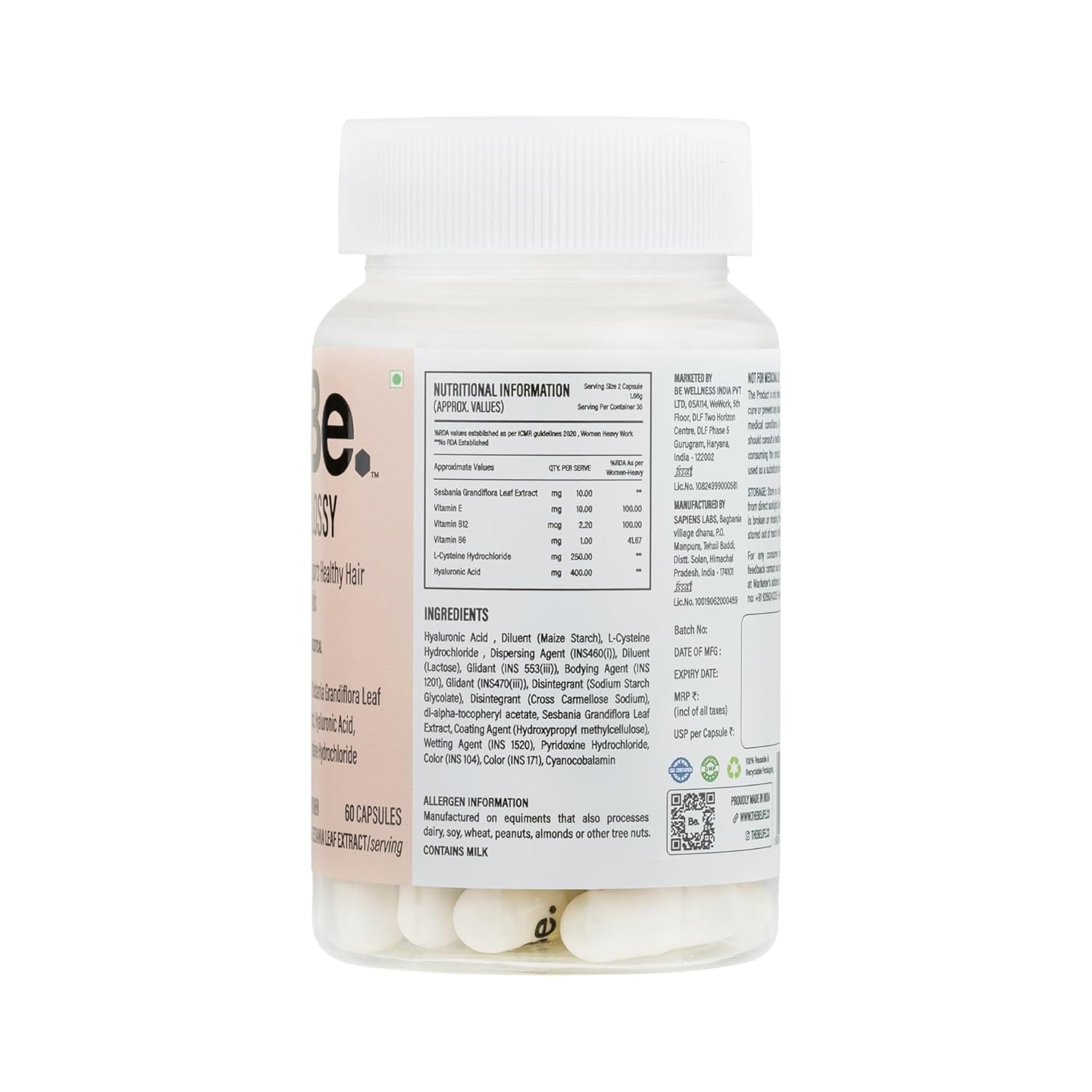 Be. Glossy Hair & Nail Strength Supplement | L-Cysteine, Hyaluronic Acid & Vitamin E for Stronger Hair, Reduced Breakage & Healthy Nails | Travel Pack | 20 Veg Capsules