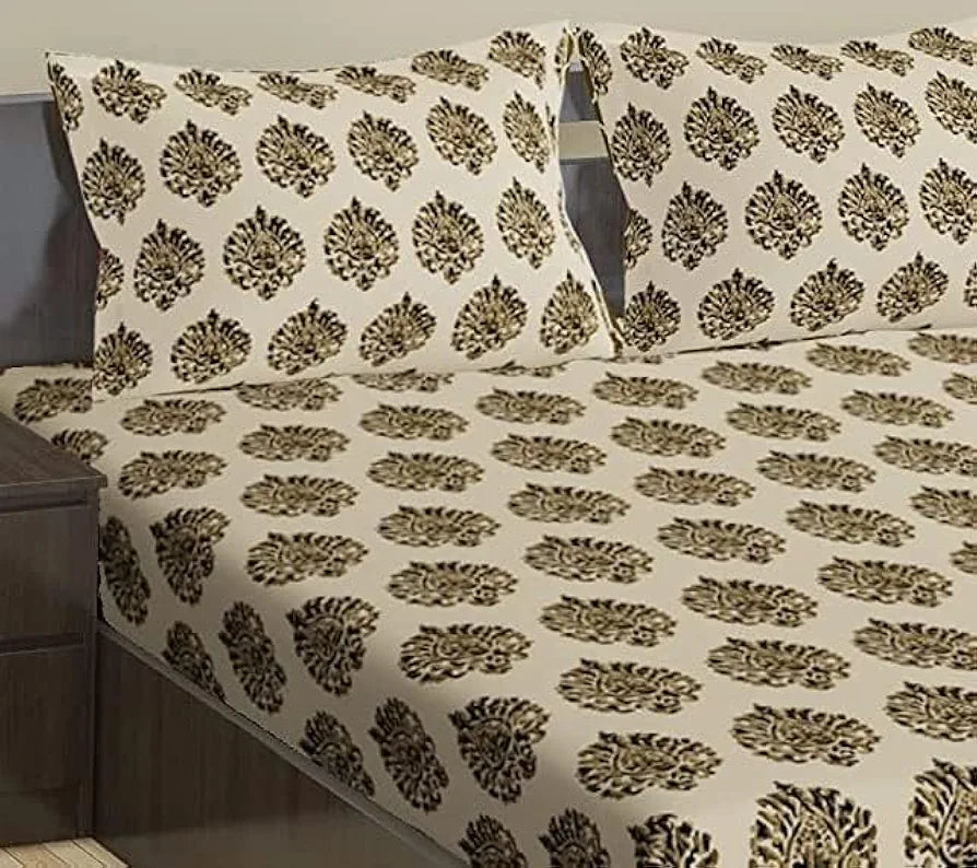 Trance Home Linen 200TC 100% Cotton 78"x36" Single Size Elastic Fitted Bedsheet Printed with 1 Pillow Cover Colour Damask Forest Green