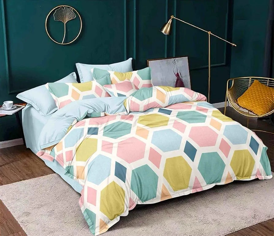 The Home Style Cotton Feel Glace Cotton Elastic Fitted Printed King Size Double Bed Bedsheet With 2 Pillow Cover 300-350 Threadcount Pastel Palette