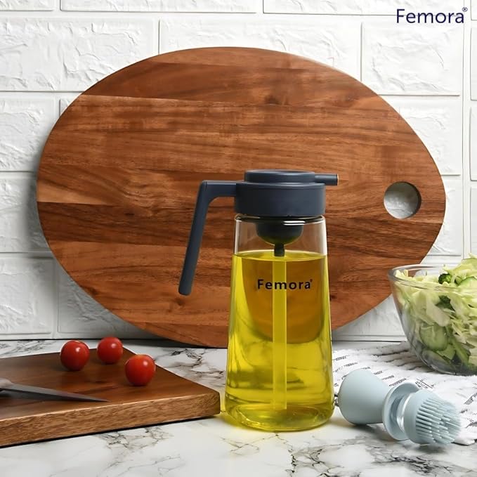 Femora Glass Oil Dispenser Bottle With Silicone Brush & Dropper | 550 Ml | Pack of 1 | Multicolor