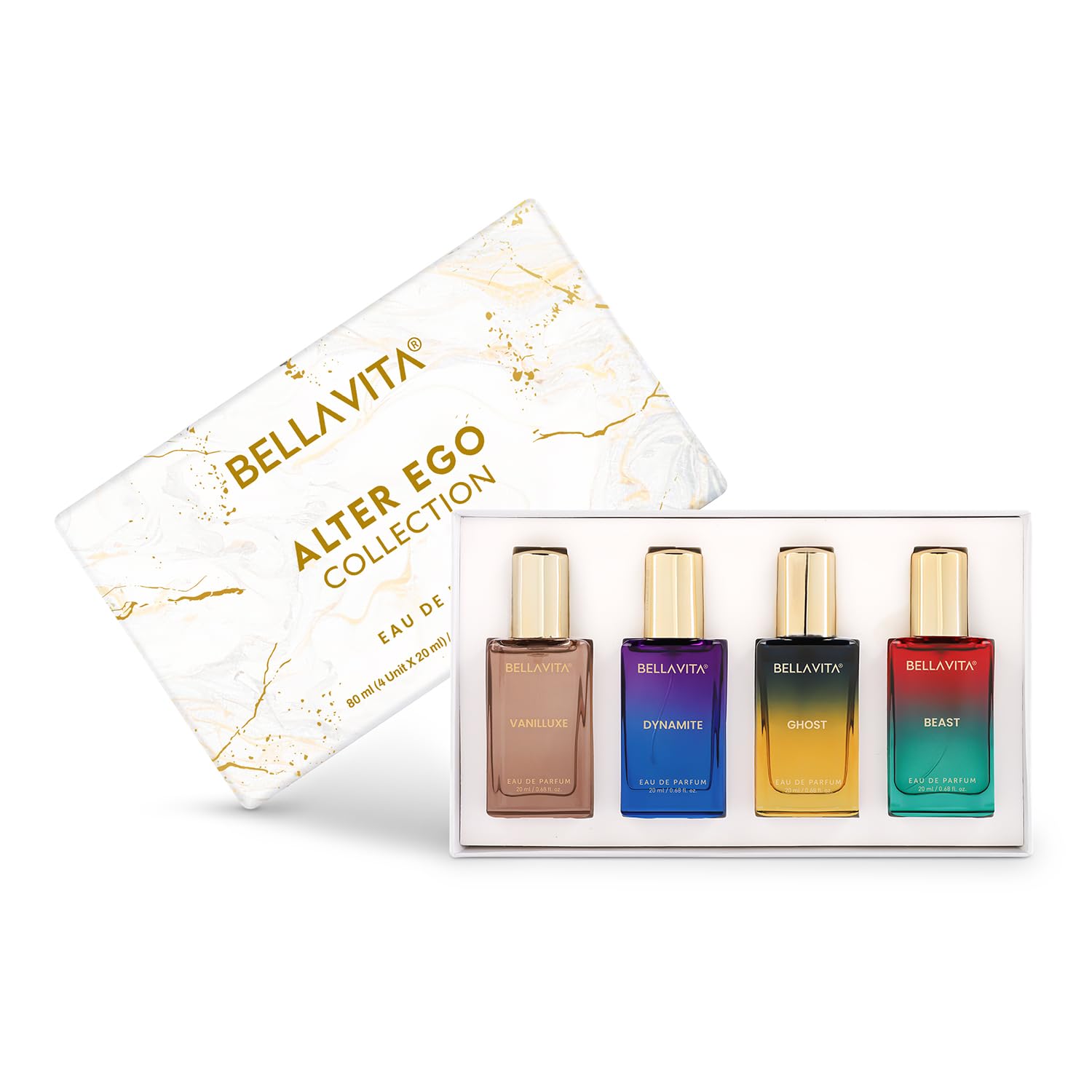 BELLAVITA Alter Ego Collection | 4x20ml | Long Lasting EDP | Gift for Man and Woman | Perfume for Man and Woman | Vanilla, Caramel & Musk | Floral, Spicy Premium Fragrance for Men and Women
