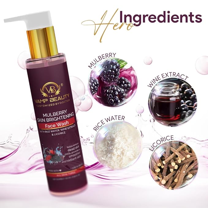 Vamp Beauty Mulberry Skin Brightening Face Wash With Goodness of Rice Water, Wine Extract & Licorice - 100 Ml