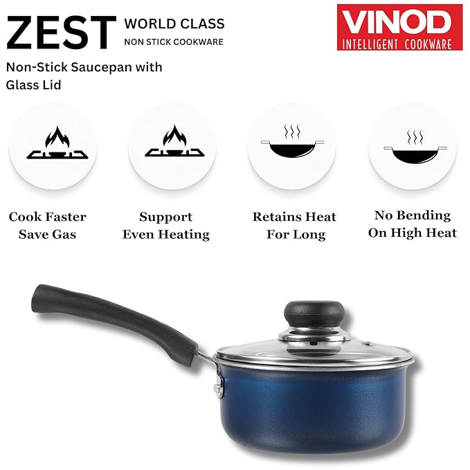 Vinod Zest Aluminium Non Stick Saucepan With Glass Lid - 1.4 Litres | 14cm | Milk/tea Pan | Sauce Pot With Lid | 3mm Thick | 3 Layer Coating