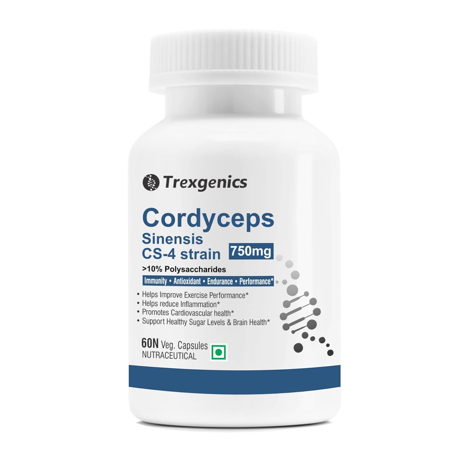 Trexgenics CORDYCEPS 10% Polysaccharides 750 mg Immunity, Cardiovascular, Exercise performance VEGAN & NON-GMO (60 Veg. Capsules) (Pack of 1)