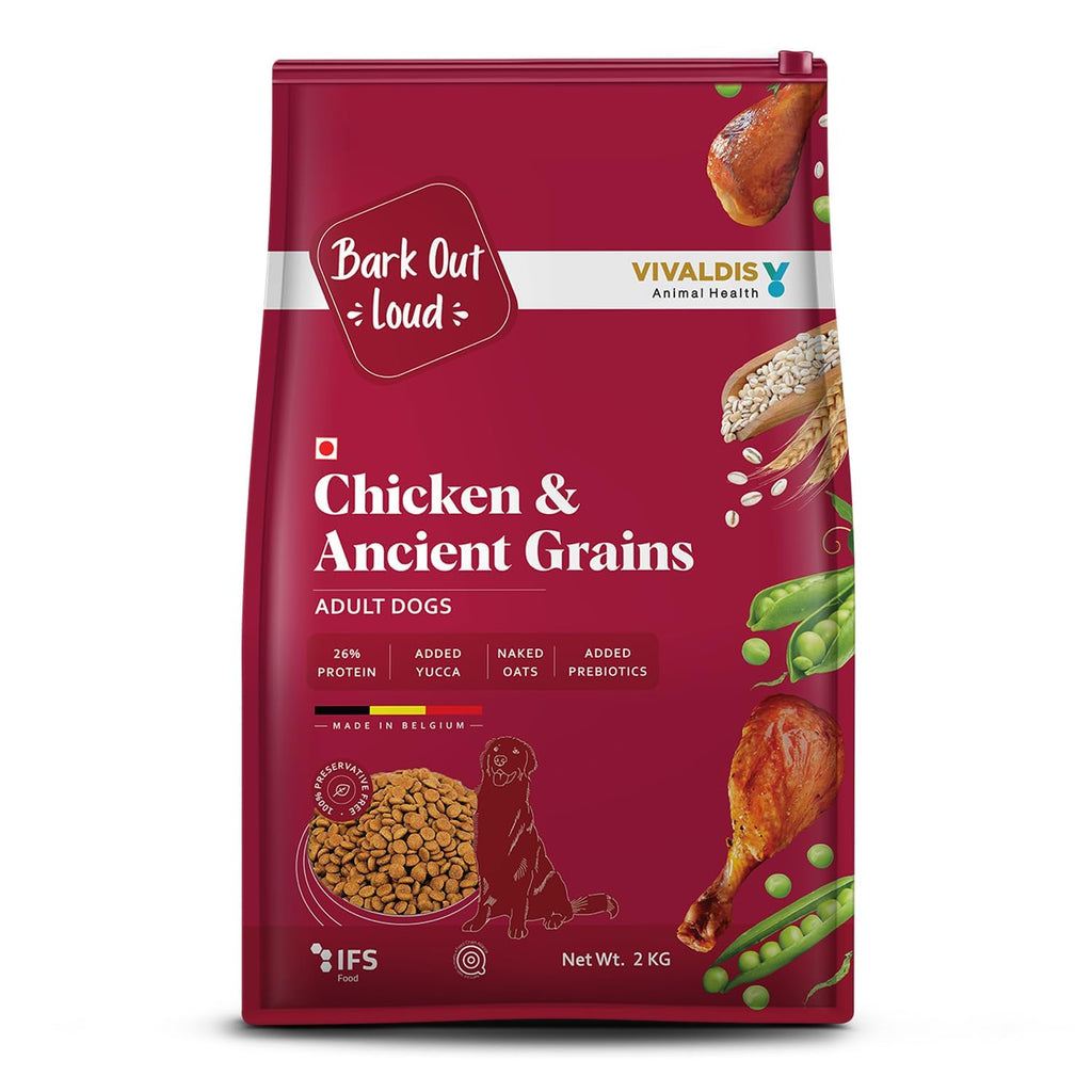 Bark Out Loud Adult Dry Dog Food, Chicken & Ancient Grains | Low Grain Dry Dog Food for Medium & Large Breeds | High Protein Kibbles with Prebiotics, Super Herbs, Antioxidants & Fibre 2 kg | Low Grain, Antioxidants Fibre, Prebiotics & Super Herbs