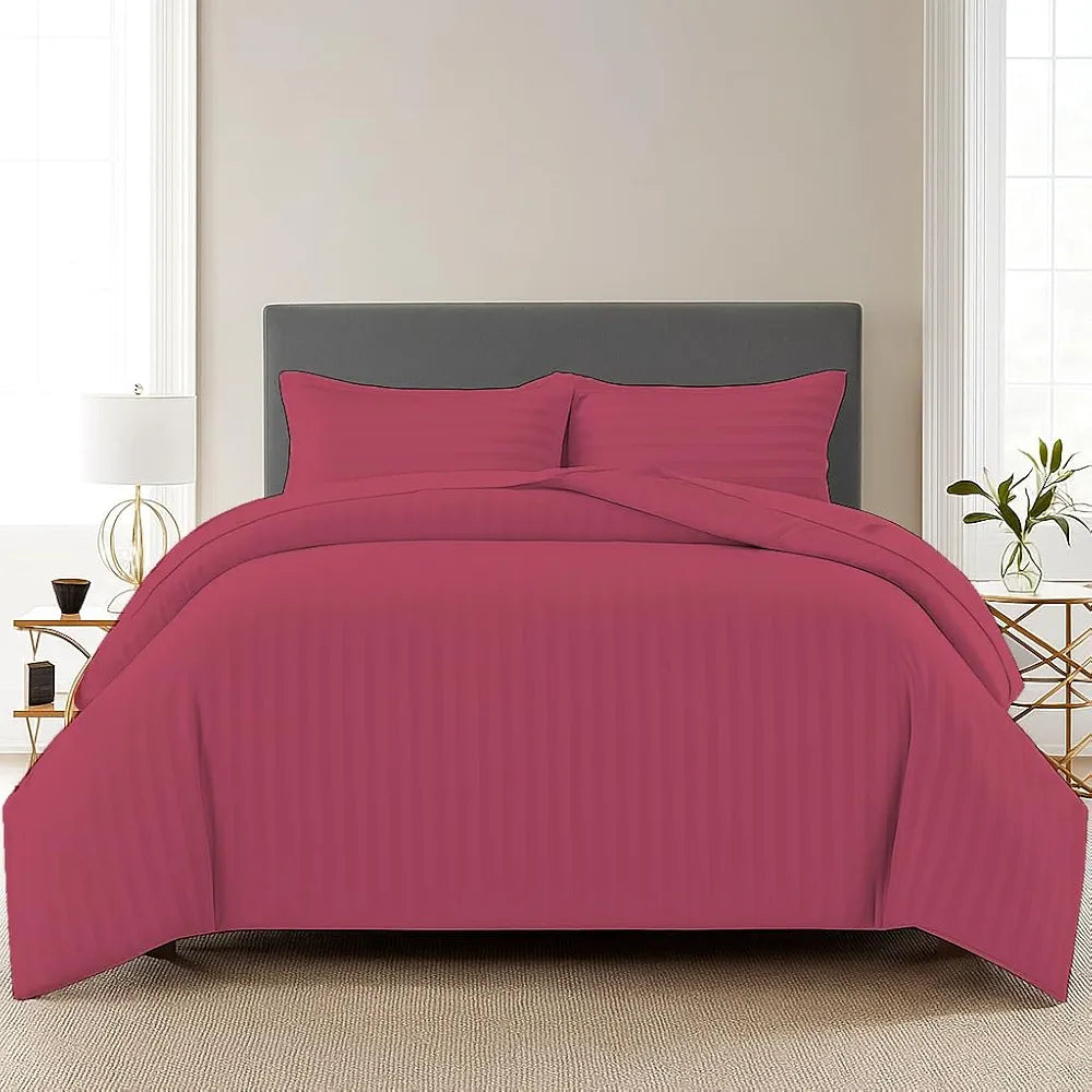 Trance Home Linen Zippered 100% Cotton 200 TC Satin Stripe Queen Duvet Cover Quilt Cover with 2 Pillow Covers Colour Rose Pink