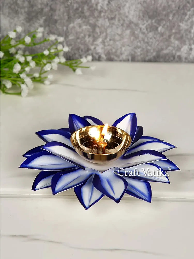 Lotus Kamal Diya Brass Diyas Oil Lamp Stand Blue & White